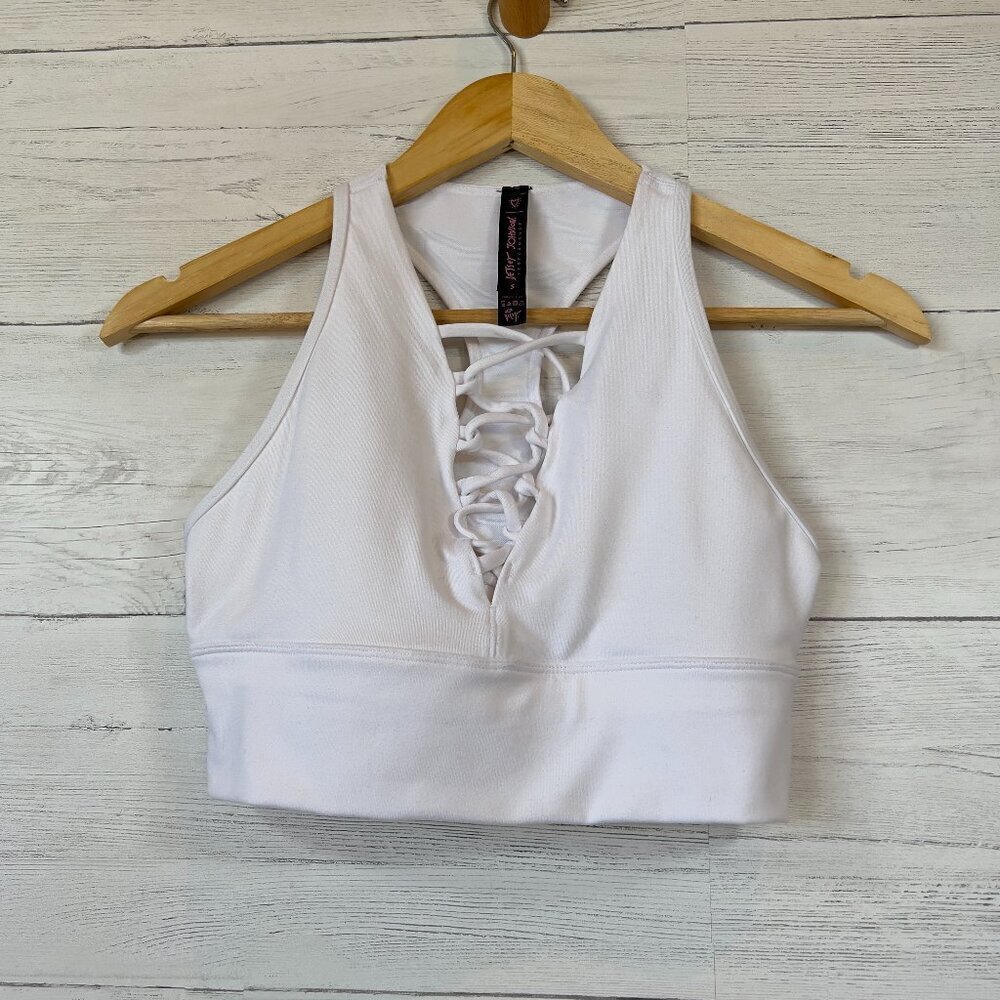 Betsey Johnson Sports Bra Womens Size Small White Performance Lace Up Activewear